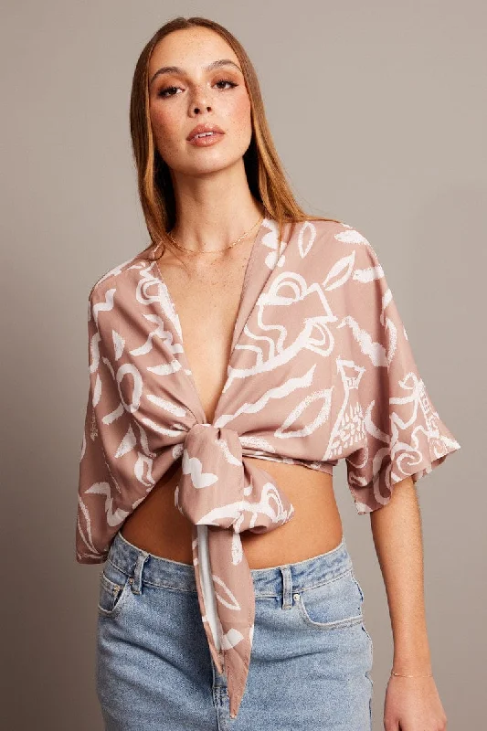 Beige Abstract Tie Up Bolero Short Sleeve