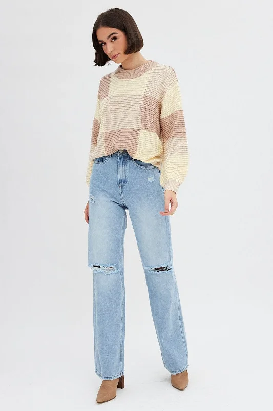 Beige Knit Top Round Neck Long Sleeve Patchwork