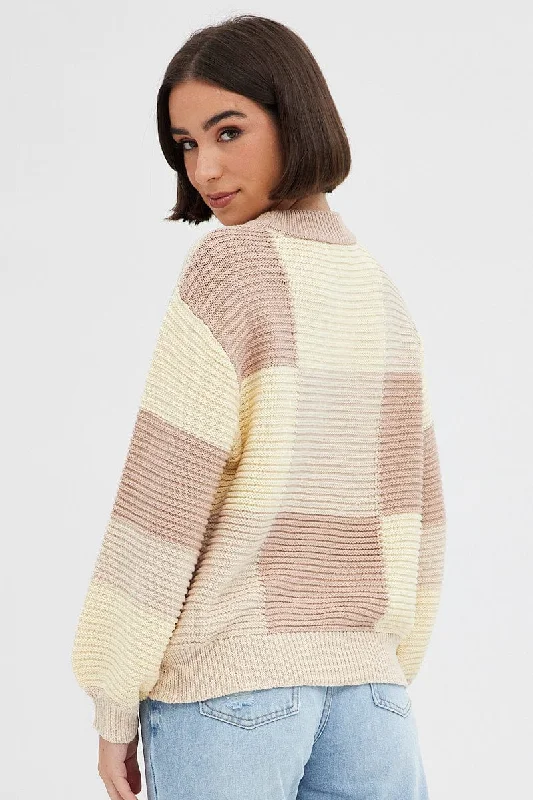 Beige Knit Top Round Neck Long Sleeve Patchwork