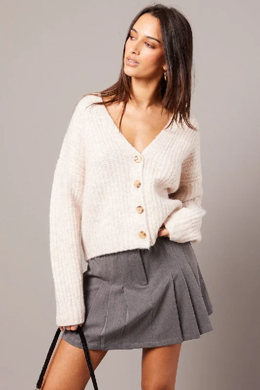 Beige Oversized Knit Cardigan V Neck