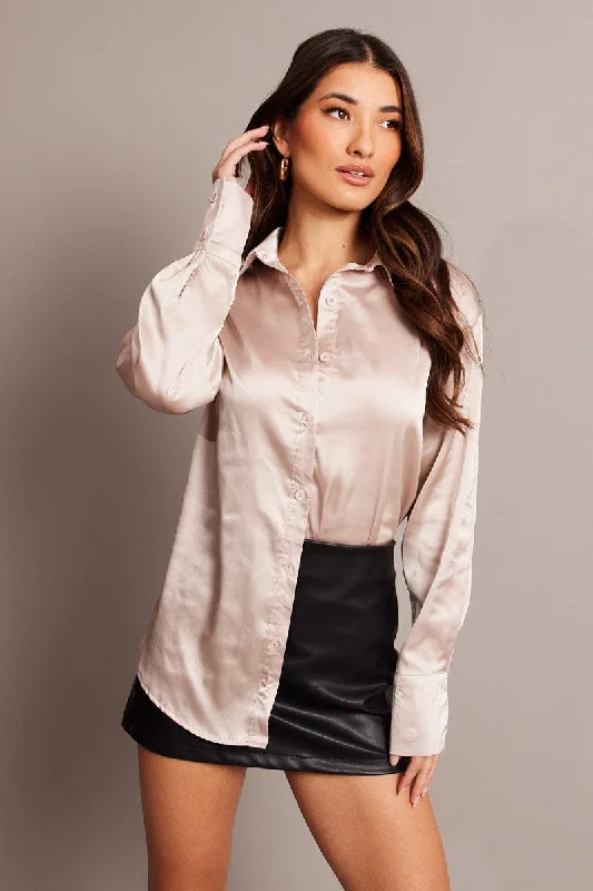 Beige Satin Shirt Long Sleeve