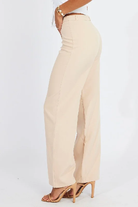 Beige Straight Fit Pants Mid Rise