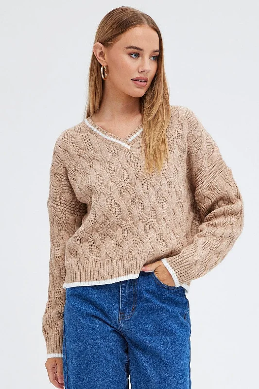 Beige Sweater Long sleeve V neck