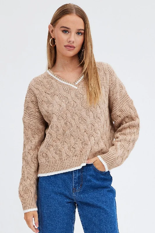 Beige Sweater Long sleeve V neck