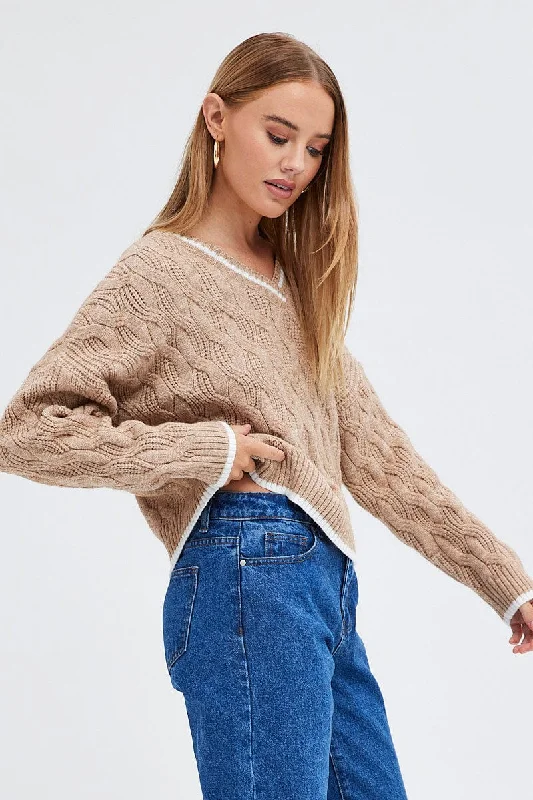 Beige Sweater Long sleeve V neck