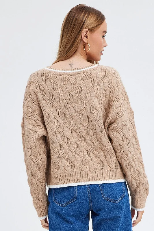 Beige Sweater Long sleeve V neck