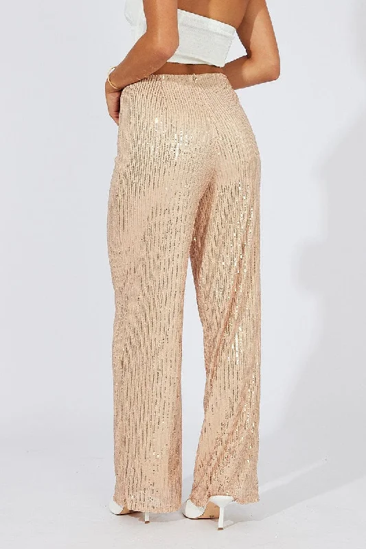 Beige Wide Leg Pants High Rise Sequin