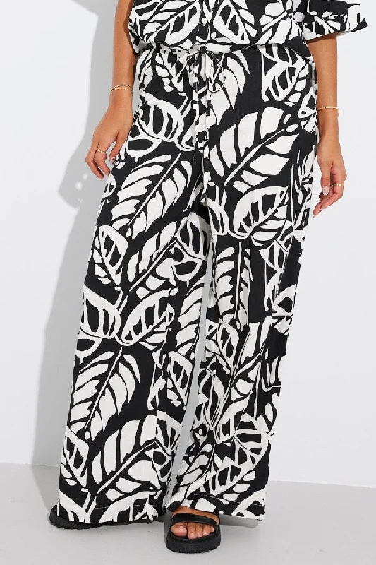 Black Abstract Wide Leg Pants Mid Rise