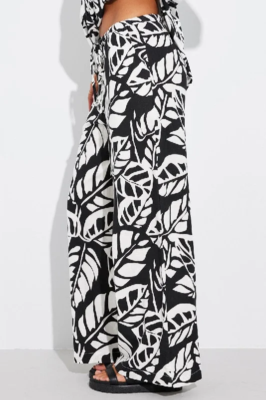 Black Abstract Wide Leg Pants Mid Rise