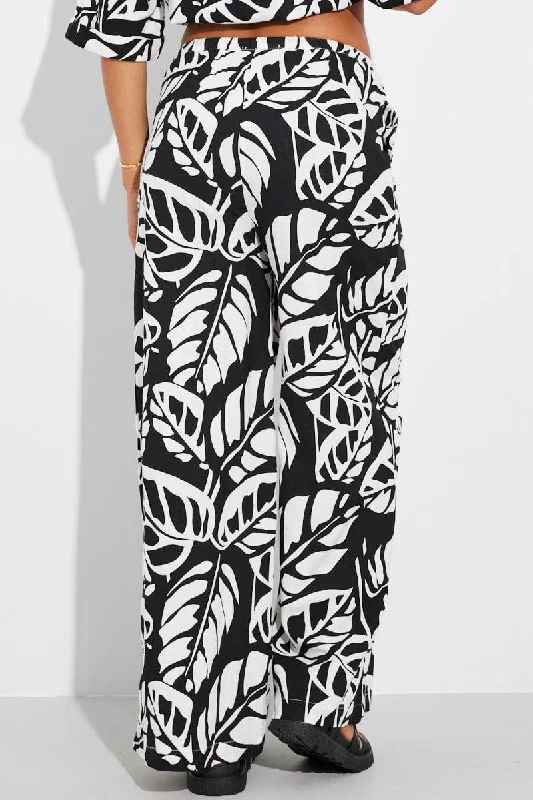 Black Abstract Wide Leg Pants Mid Rise