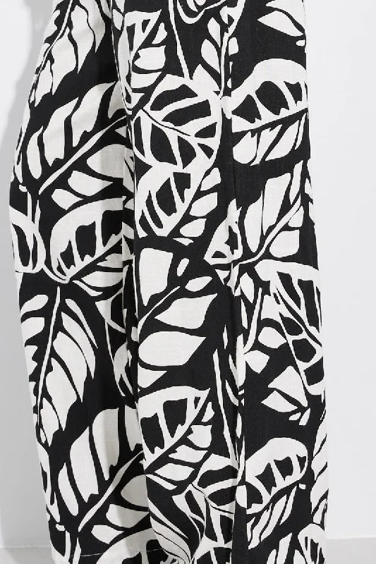 Black Abstract Wide Leg Pants Mid Rise