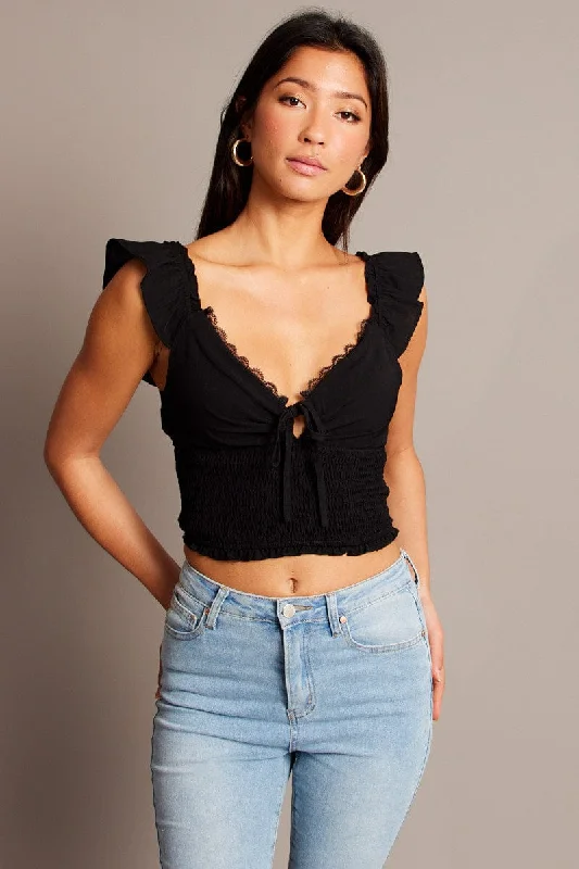 Black Crop Top Short Sleeve Lace Trim Shirred Waist