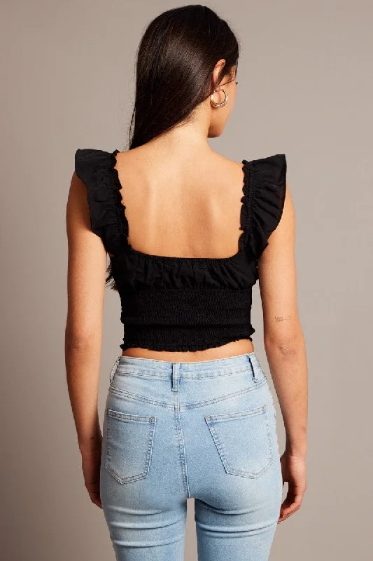 Black Crop Top Short Sleeve Lace Trim Shirred Waist