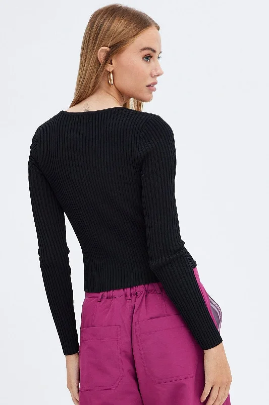 Black Knit Top Cut Out Long Sleeve Ribbed