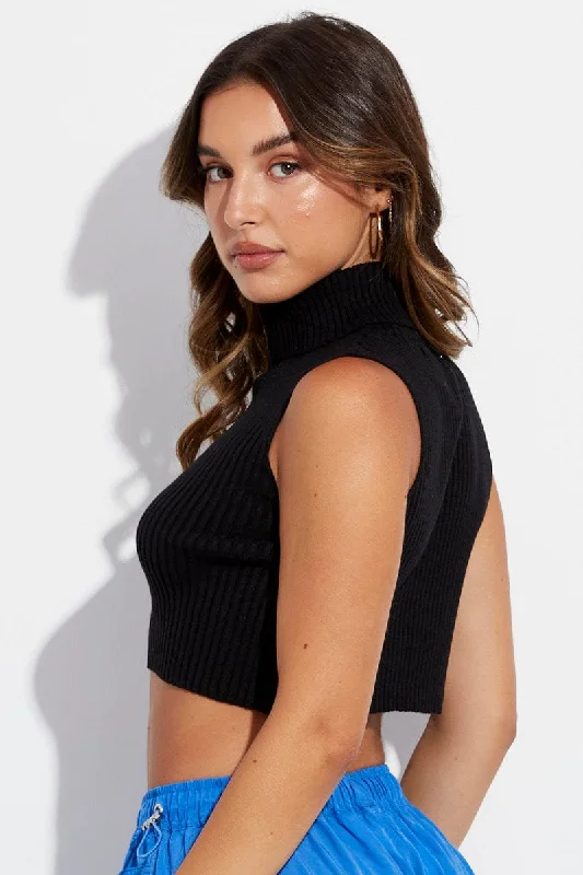 Black Knit Top Sleeveless Roll Neck Crop