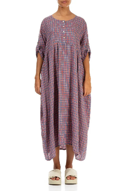 Buttoned Blue Orange Check Linen Dress