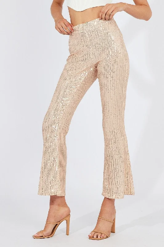 Gold Flare Leg Pants High Rise Metallic