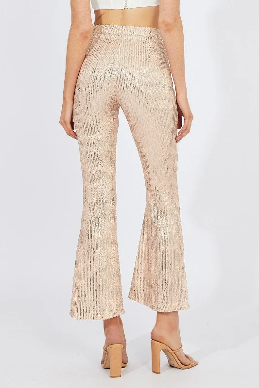 Gold Flare Leg Pants High Rise Metallic