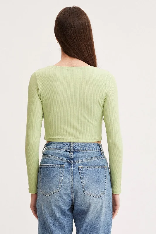 Green Crop Cardigan Long Sleeve Jersey Rib