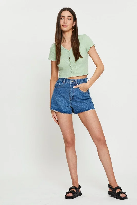 Green Crop Cardigan Short Sleeve Waffle