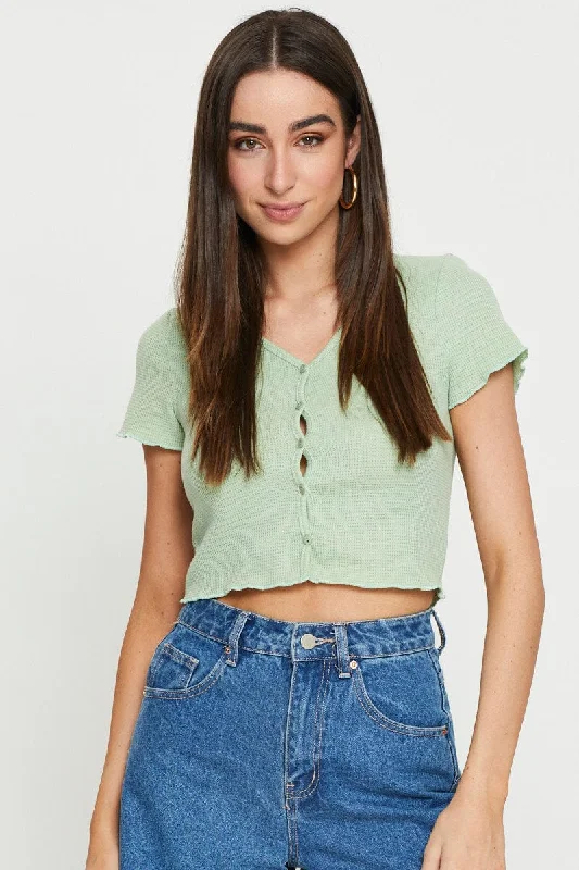 Green Crop Cardigan Short Sleeve Waffle