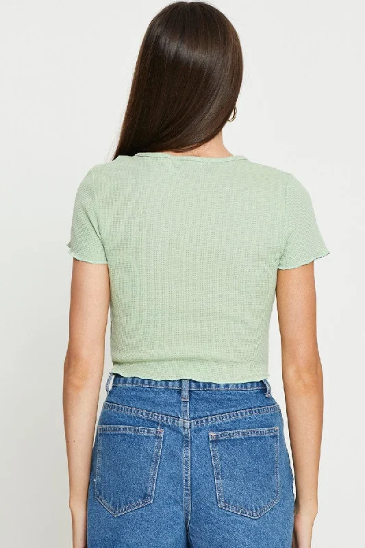 Green Crop Cardigan Short Sleeve Waffle