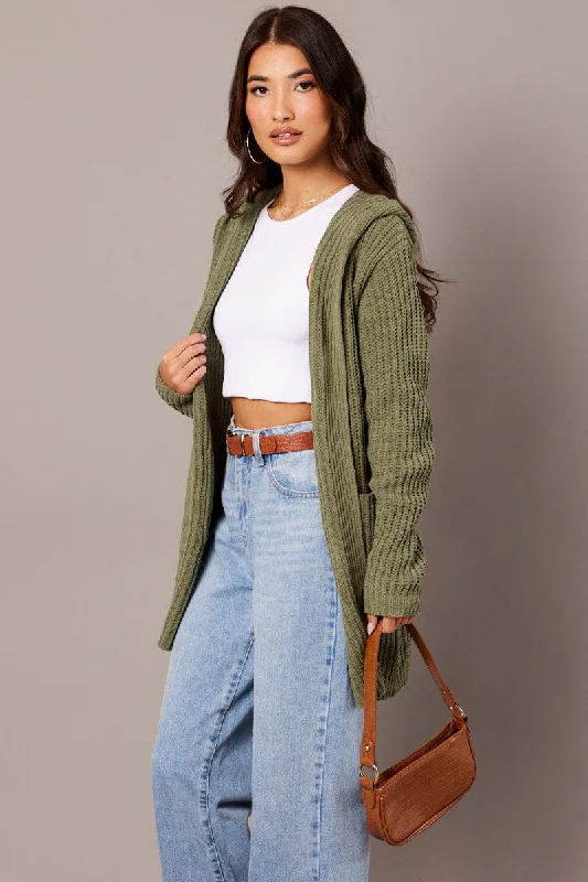 Green Knit Cardigan Hooded Longline Chenille