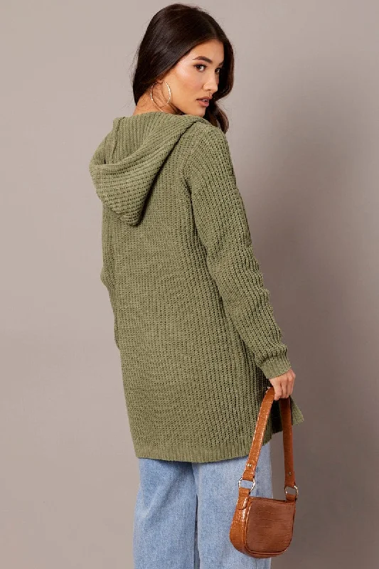 Green Knit Cardigan Hooded Longline Chenille