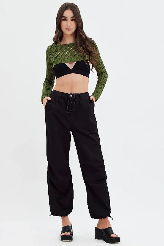 Green Knit Top Long Sleeve Openwork Cropped