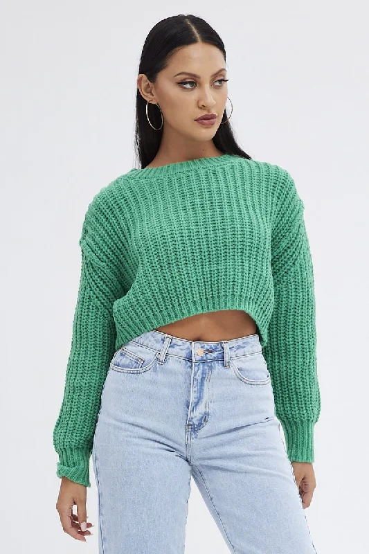 Green Knit Top Round Neck Long Sleeve Crop