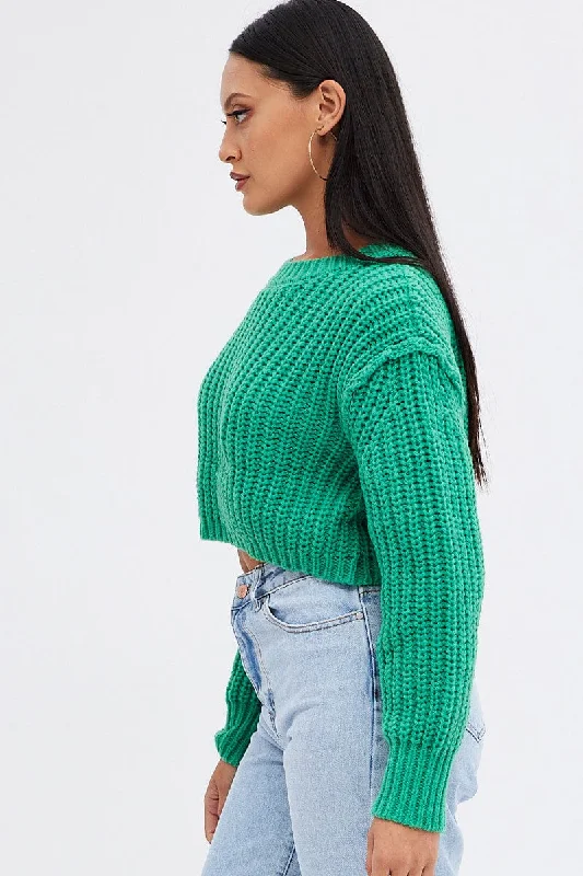 Green Knit Top Round Neck Long Sleeve Crop