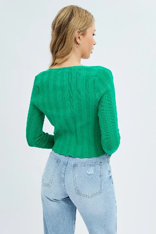 Green Long Sleeve Rib Knit Cardigan