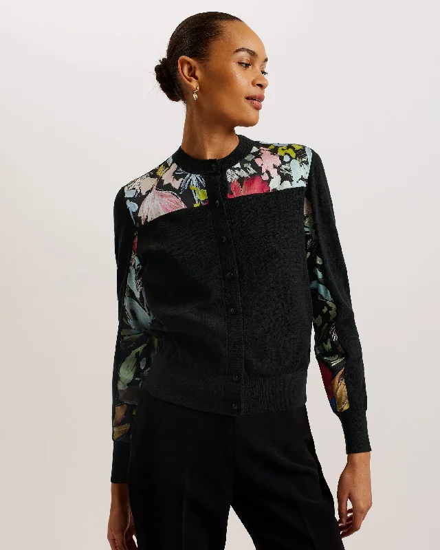 Iileena Woven Floral Panel Cardigan Black