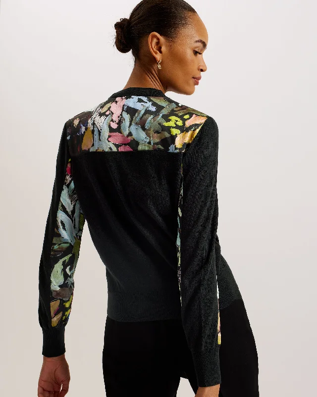 Iileena Woven Floral Panel Cardigan Black