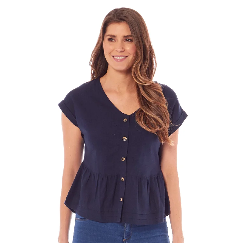 Ladies Linen Cap Sleeve Top - Navy Blue