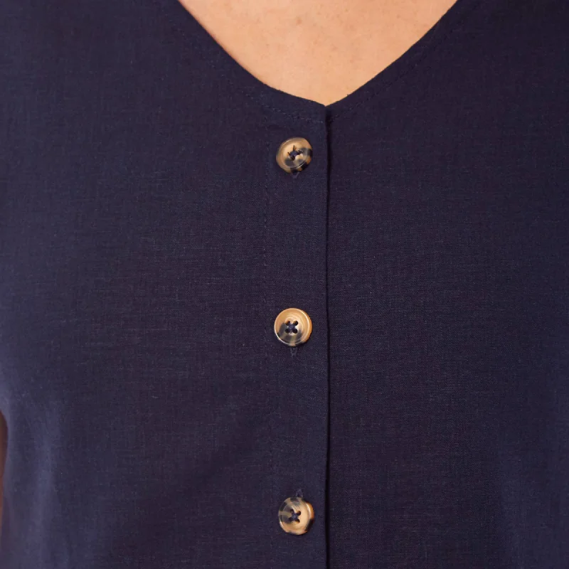 Ladies Linen Cap Sleeve Top - Navy Blue