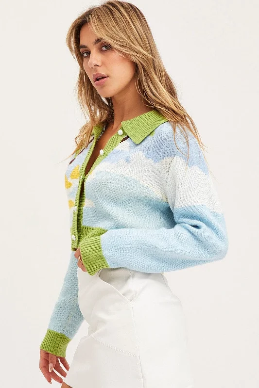 Multi Knit Cardigan Long Sleeve Collared