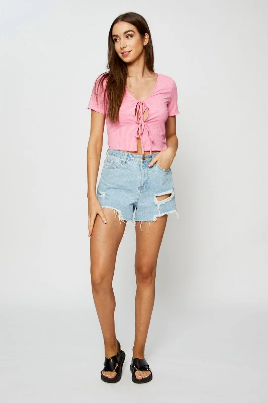 Pink Crop Cardigan Short Sleeve Tie Front