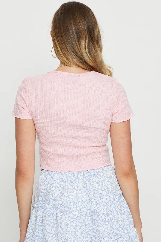 Pink Crop Cardigan Short Sleeve Waffle