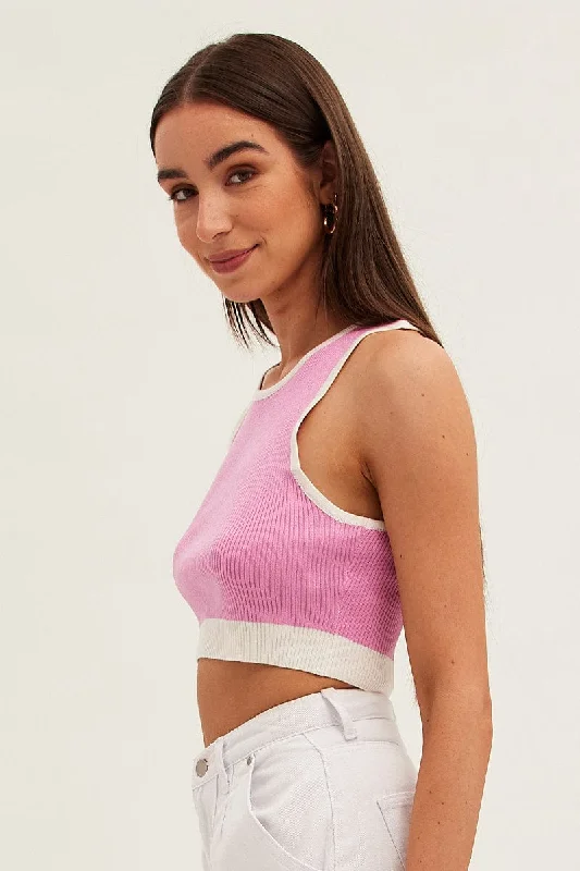 Pink Crop Top Knit Contrast Binding