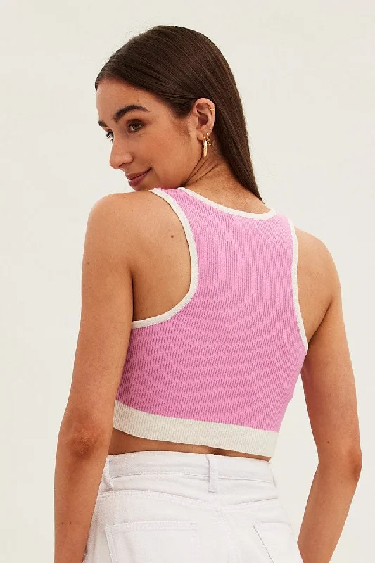 Pink Crop Top Knit Contrast Binding