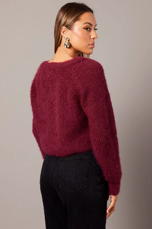 Red Fluffy Knit Cardigan Long Sleeve V Neck