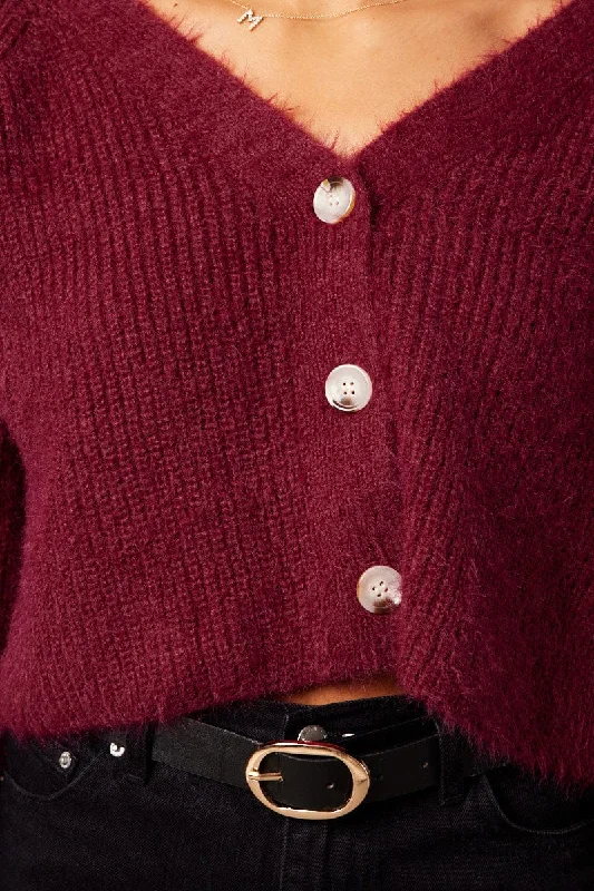 Red Fluffy Knit Cardigan Long Sleeve V Neck