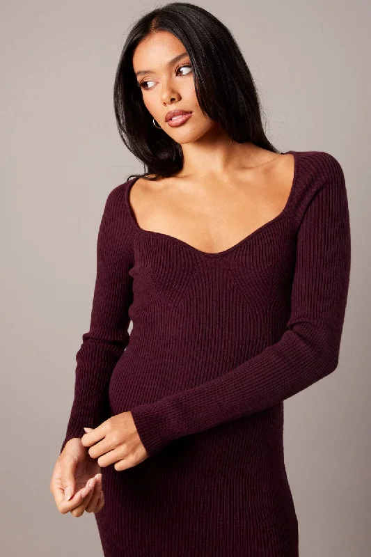 Red Knit Dress Long Sleeve Sweet Heart Neck