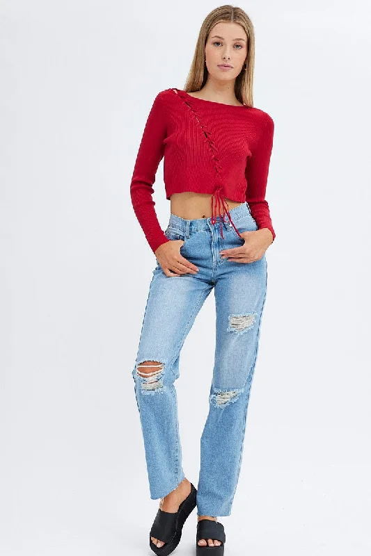 Red Knit Top Lace up Detail