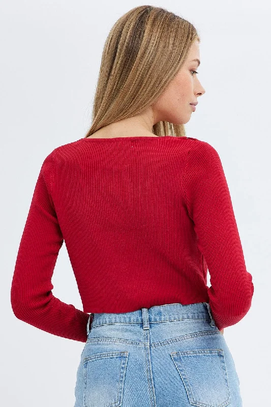 Red Knit Top Lace up Detail