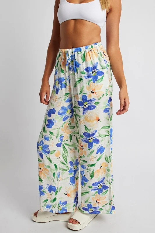 White Floral Wide Leg Pants Mid Rise