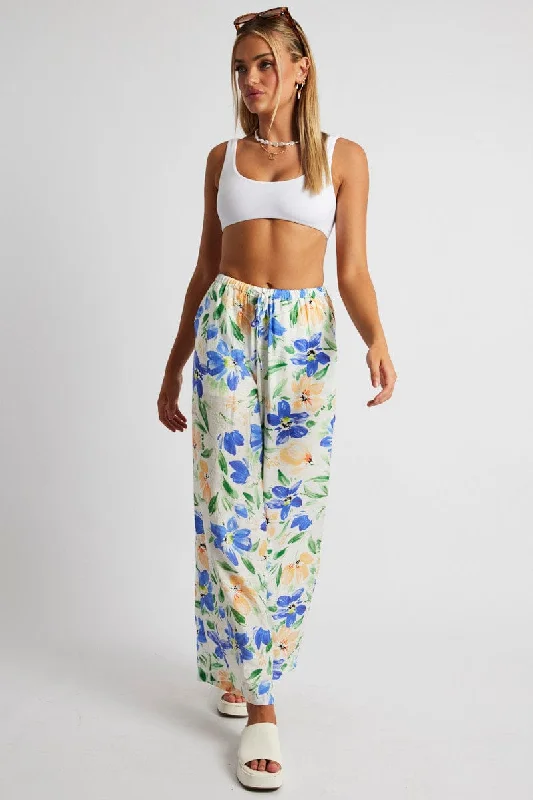 White Floral Wide Leg Pants Mid Rise