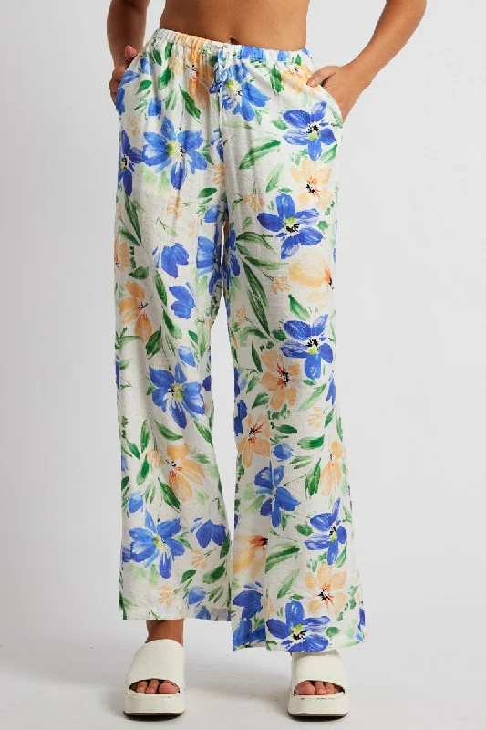 White Floral Wide Leg Pants Mid Rise