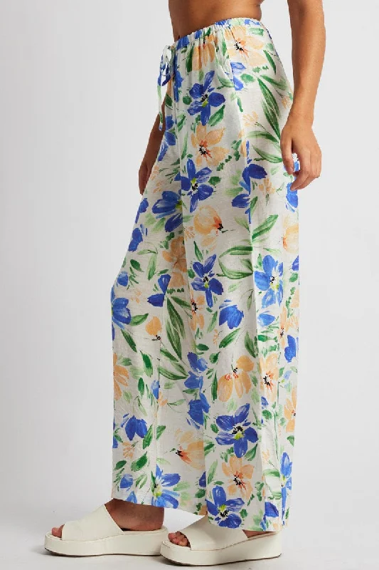 White Floral Wide Leg Pants Mid Rise